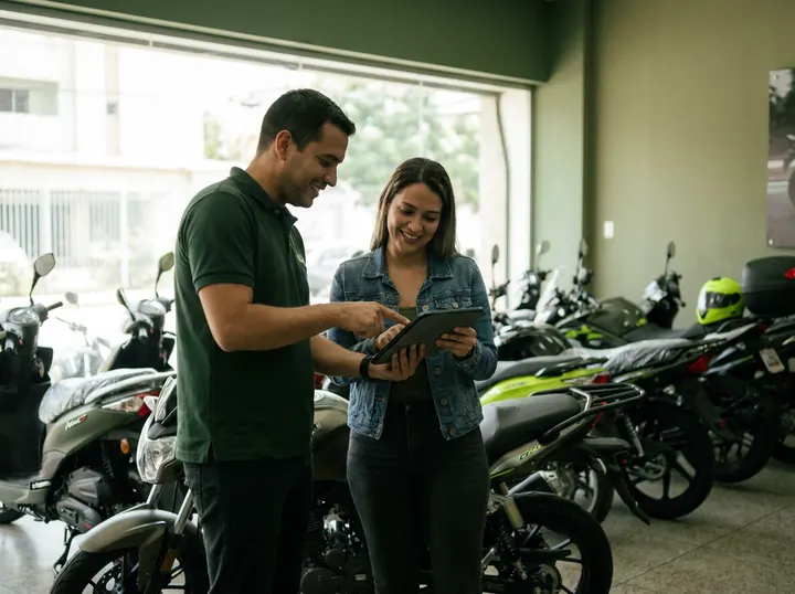 Un vendedor le muestra una tablet a una clienta en un concesionario de motos.