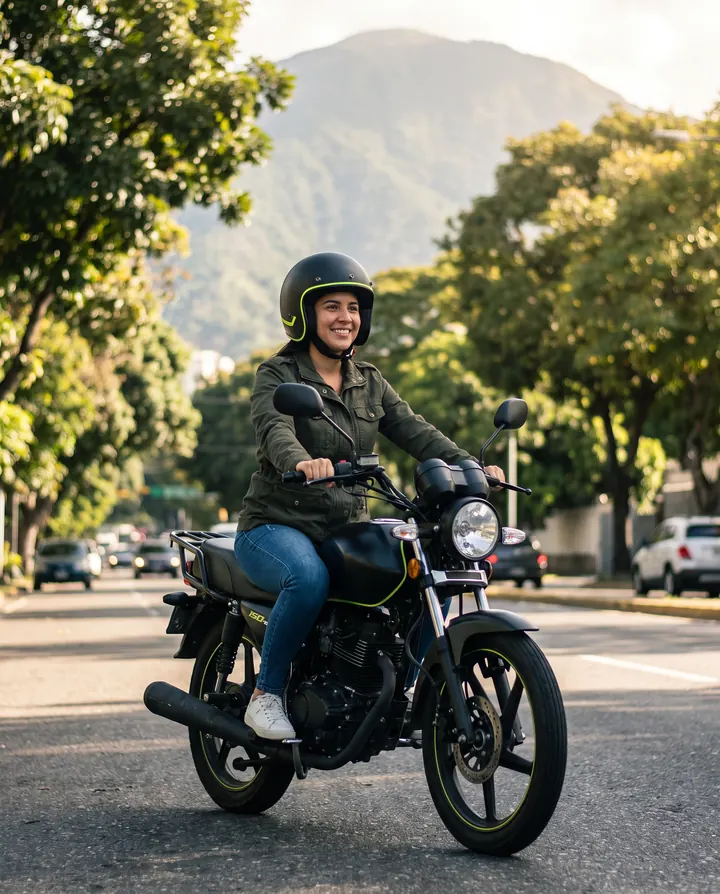 Una mujer sonríe mientras maneja una moto nueva por una avenida arbolada de Caracas, con El Ávila al fondo.